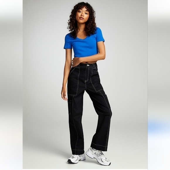 Simons Pants - Simons Twik women's straight leg contrasting seam black carpenter pants size S